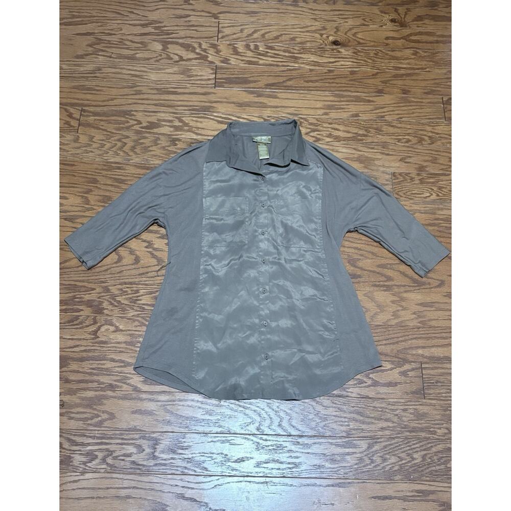 Miss Tina Women's Tan 3/4 Sleeve Button Up Silk Blouse Top, Size Medium